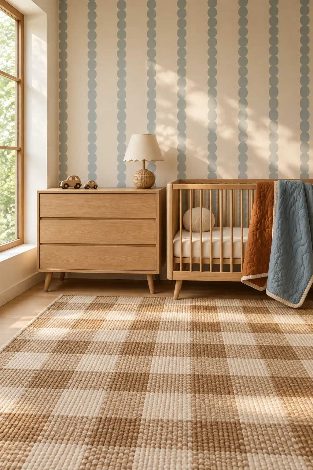 Nursery palette combining blue scalloped stripes, oak furniture, and a checkered rug.