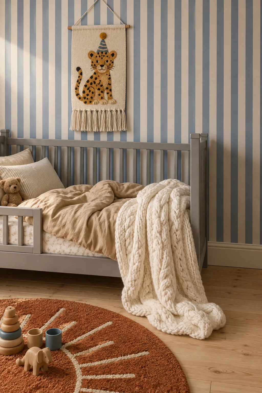 Nursery palette balancing wavy blue striped walls with a rust-colored rug.