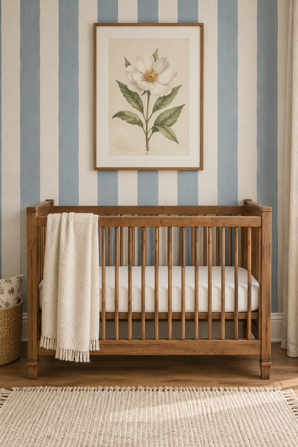 Blue and white striped nursery scheme with botanical art and a wood crib.
