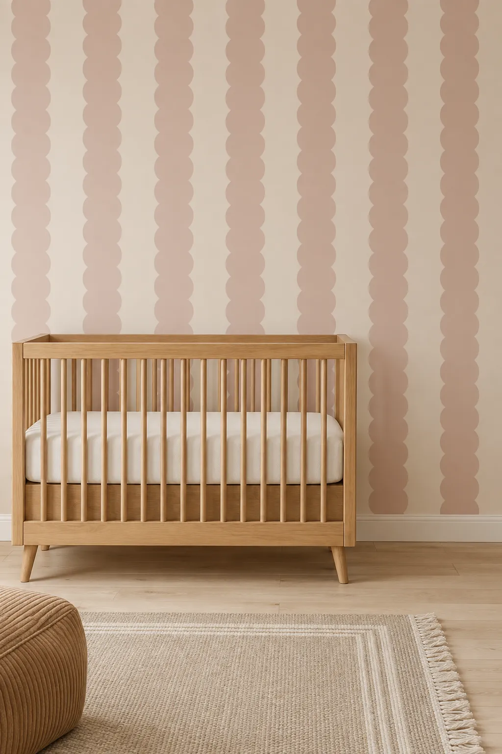 Oak crib paired with blush scalloped striped wallpaper in a nursery.