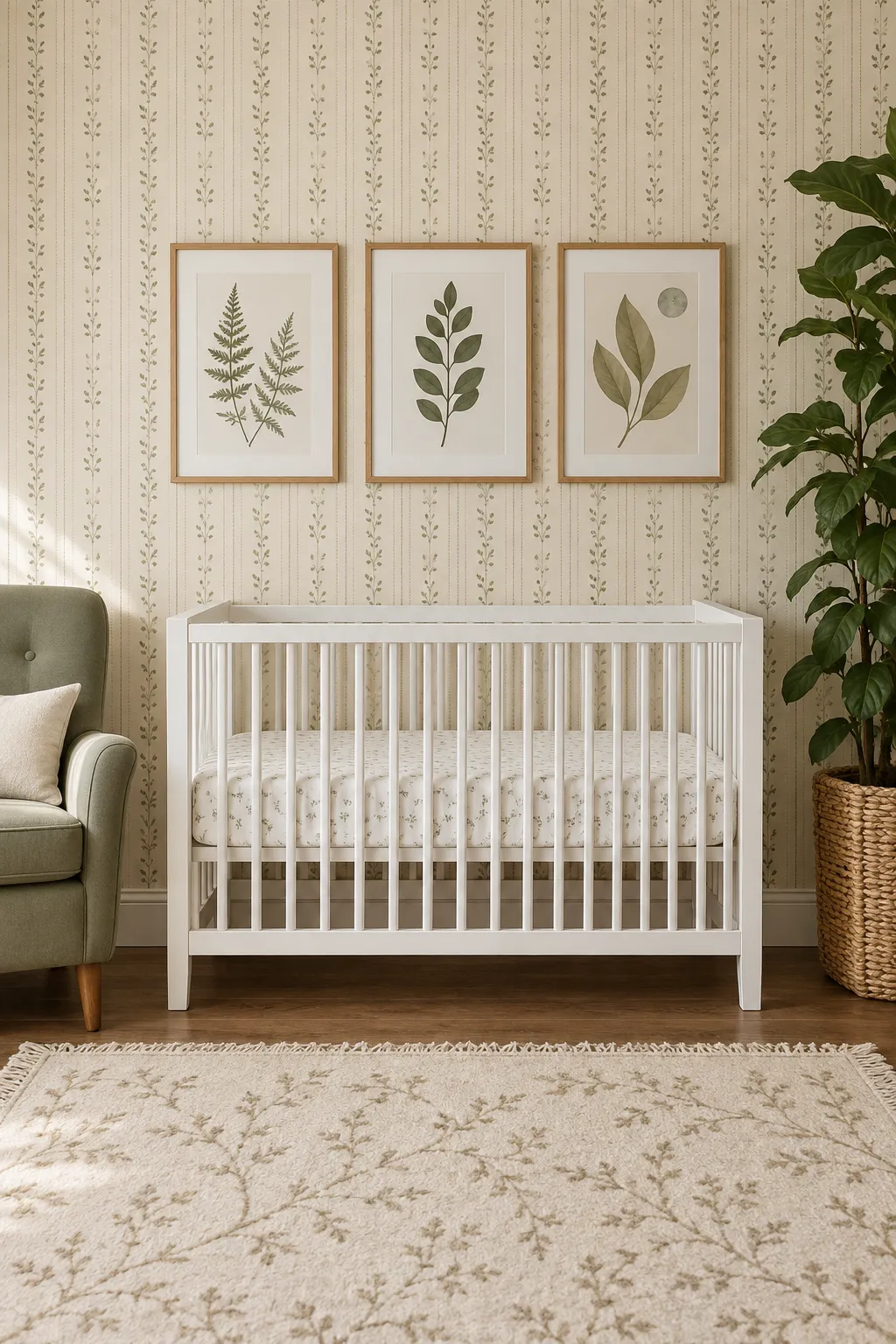 Botanical nursery palette featuring sage striped walls and a white crib.