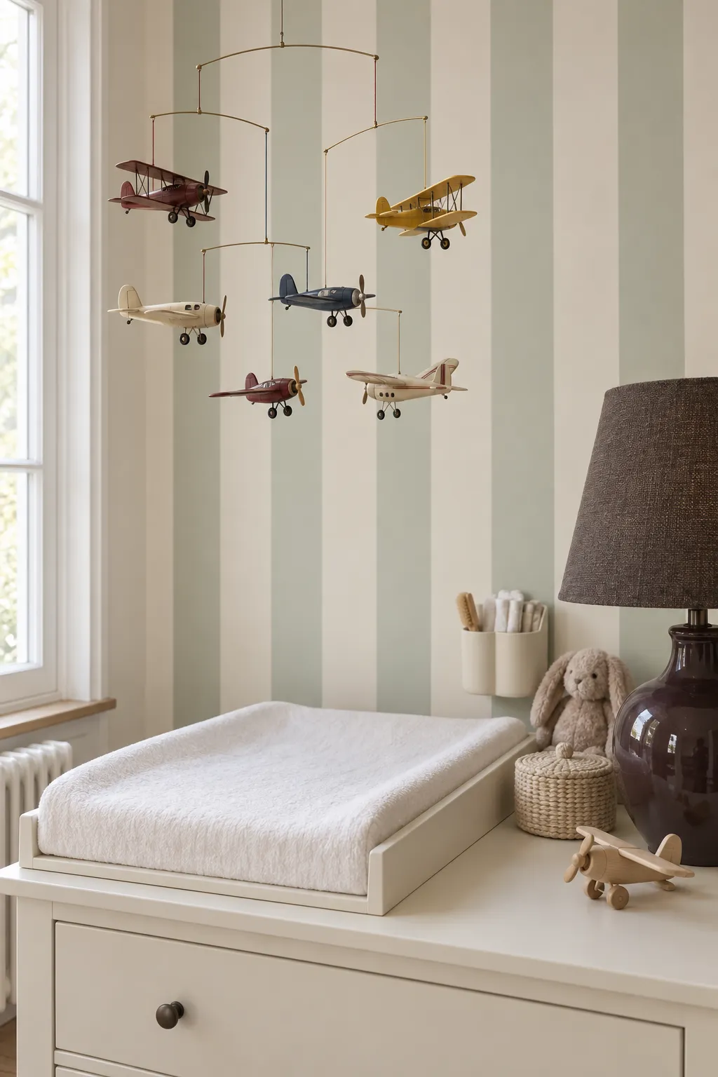 Striped nursery changing area styled with vintage-inspired airplane details.