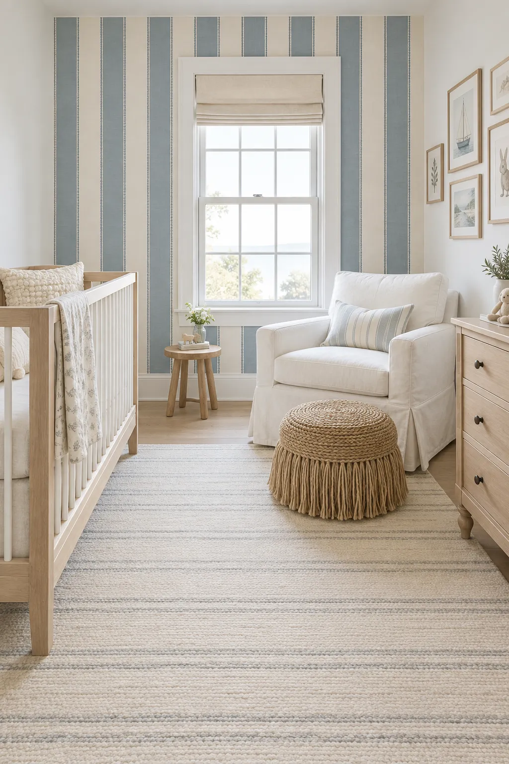 Nursery accent wall in dusty blue and cream stripes.