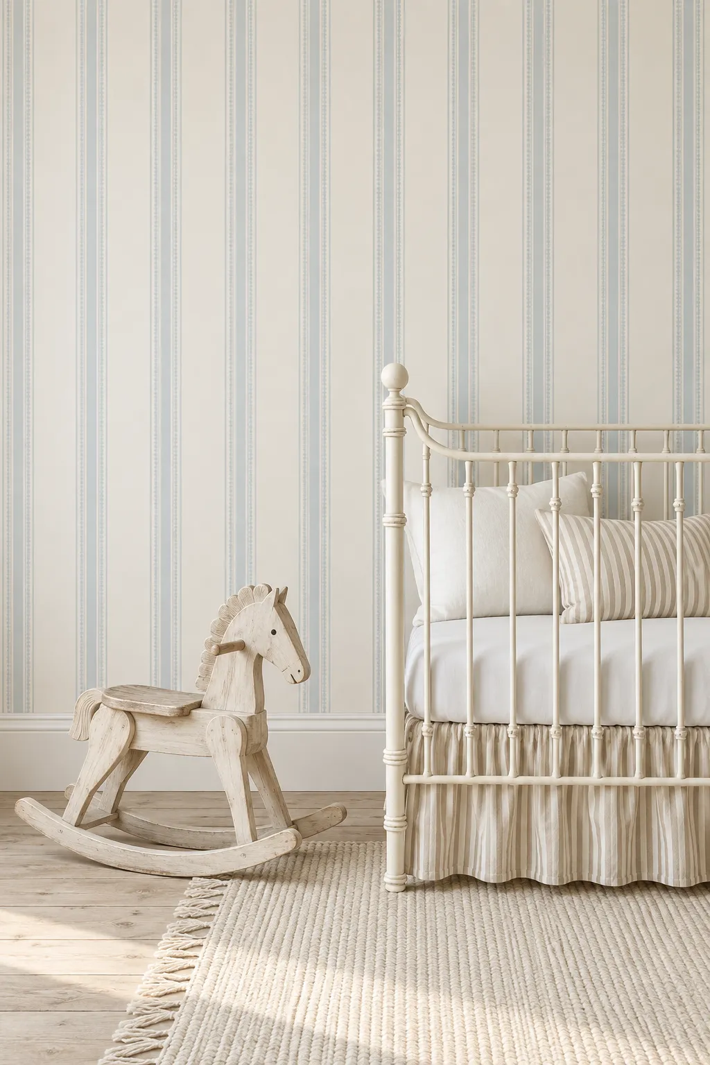 Striped nursery decor featuring an ivory crib and a vintage-style rocking horse.