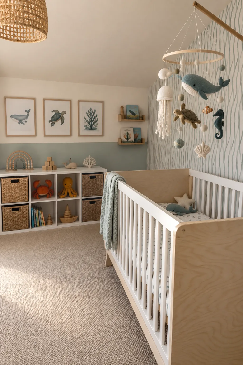 Ocean-inspired nursery palette built around sage wavy striped wallpaper.