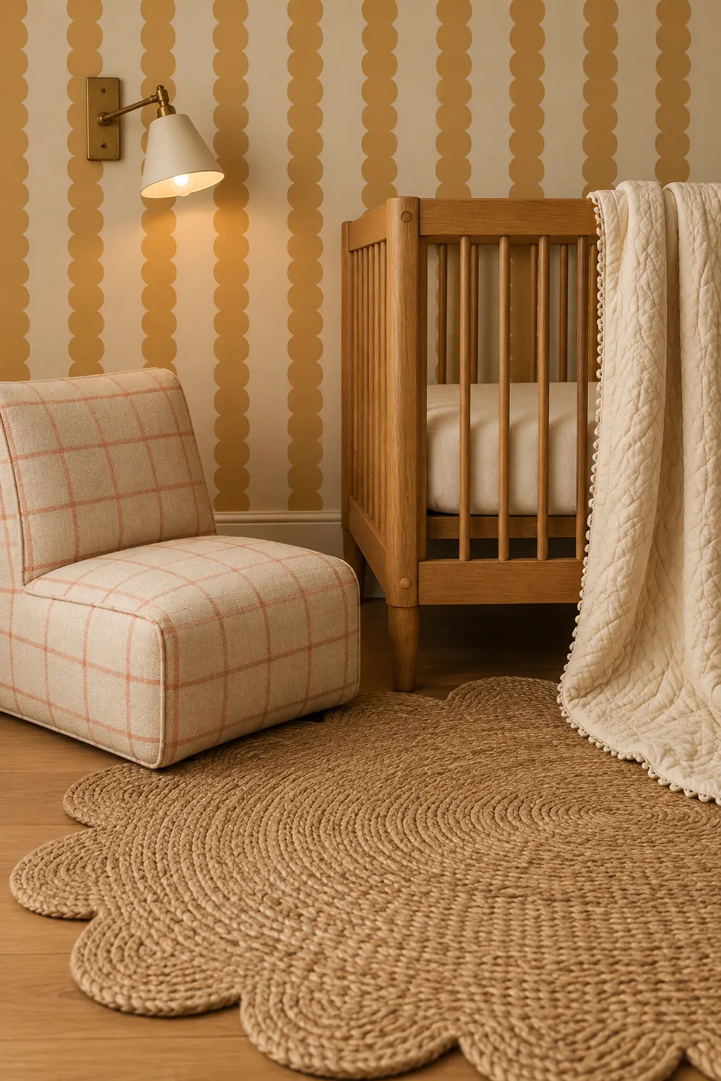 Ochre scalloped wall pattern paired with a cozy checked chair