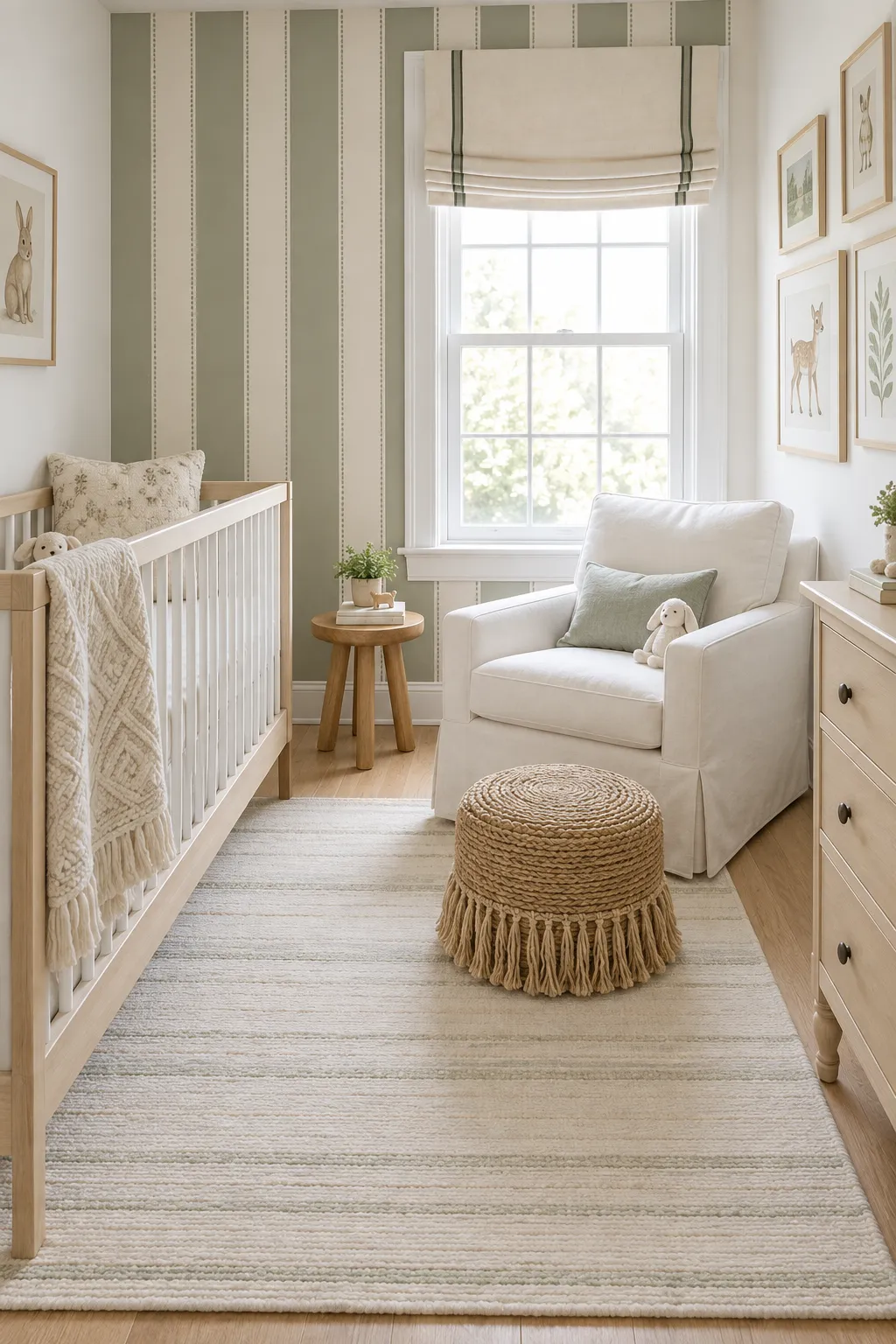 Gender neutral nursery palette of sage, cream, and natural wood.