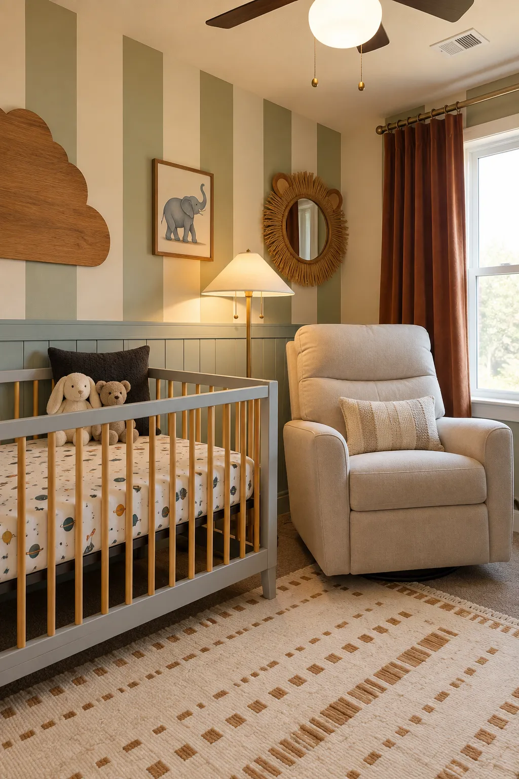 Sage striped wall complemented by warm rust curtains