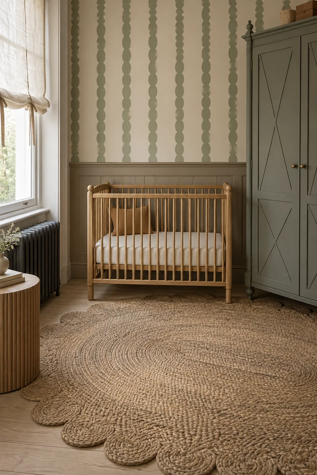 Vintage wardrobe paired with sage scalloped striped nursery wallpaper.