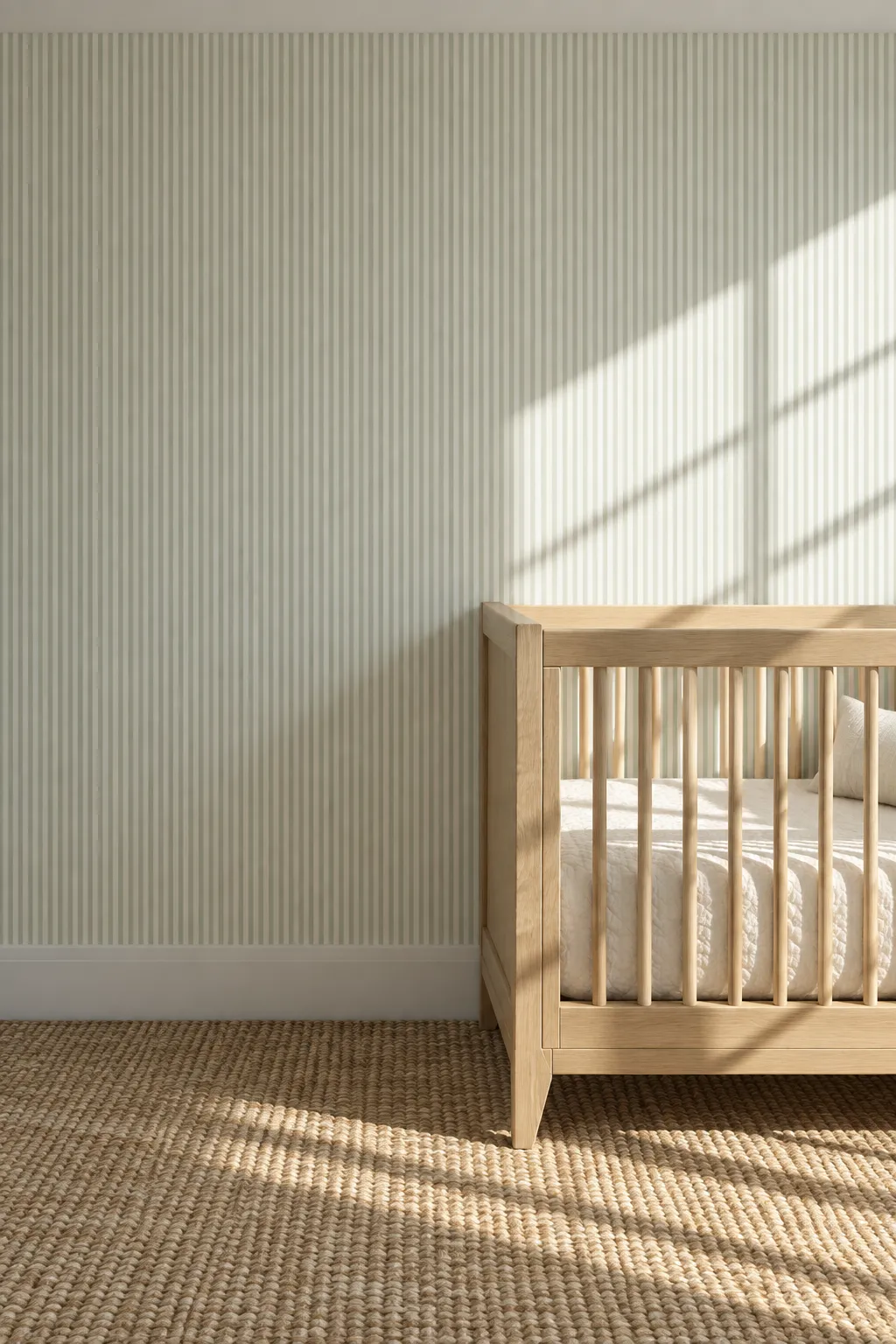 Subtle neutral pinstriped nursery wallpaper paired with a wood crib.