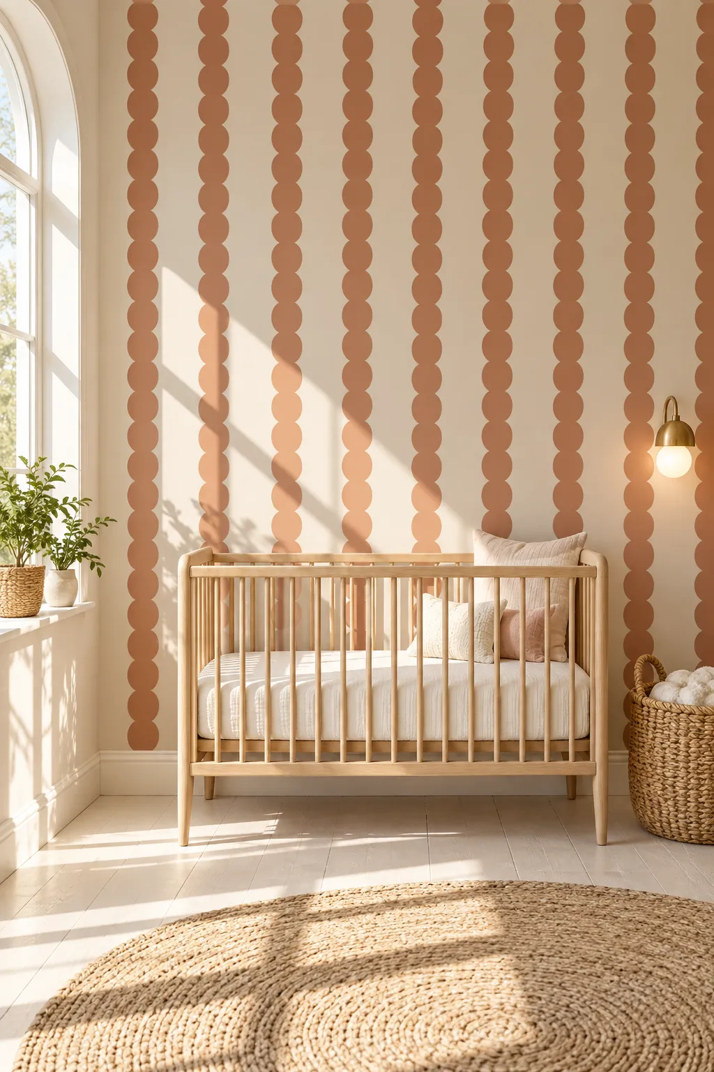 Terracotta scalloped stripes used as a statement wall treatment