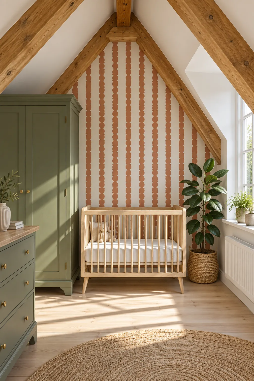 Attic nursery color scheme combining terracotta scalloped stripes with sage accents.