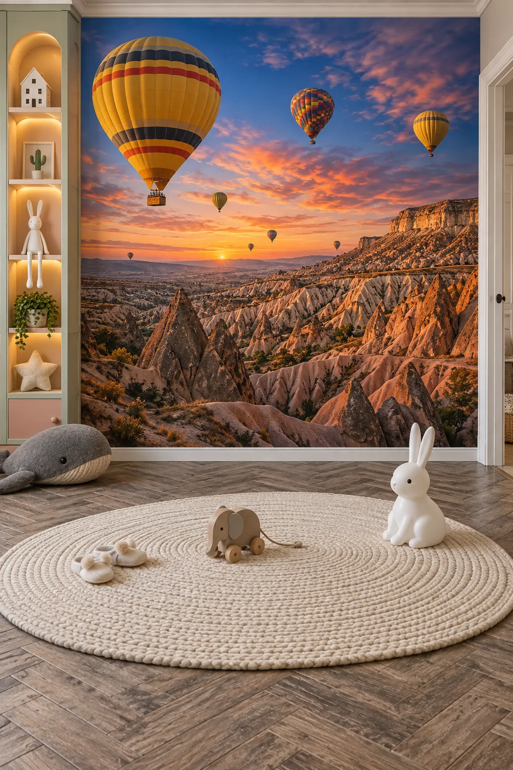 Hot air balloons above a canyon at sunset for an adventure bedroom theme