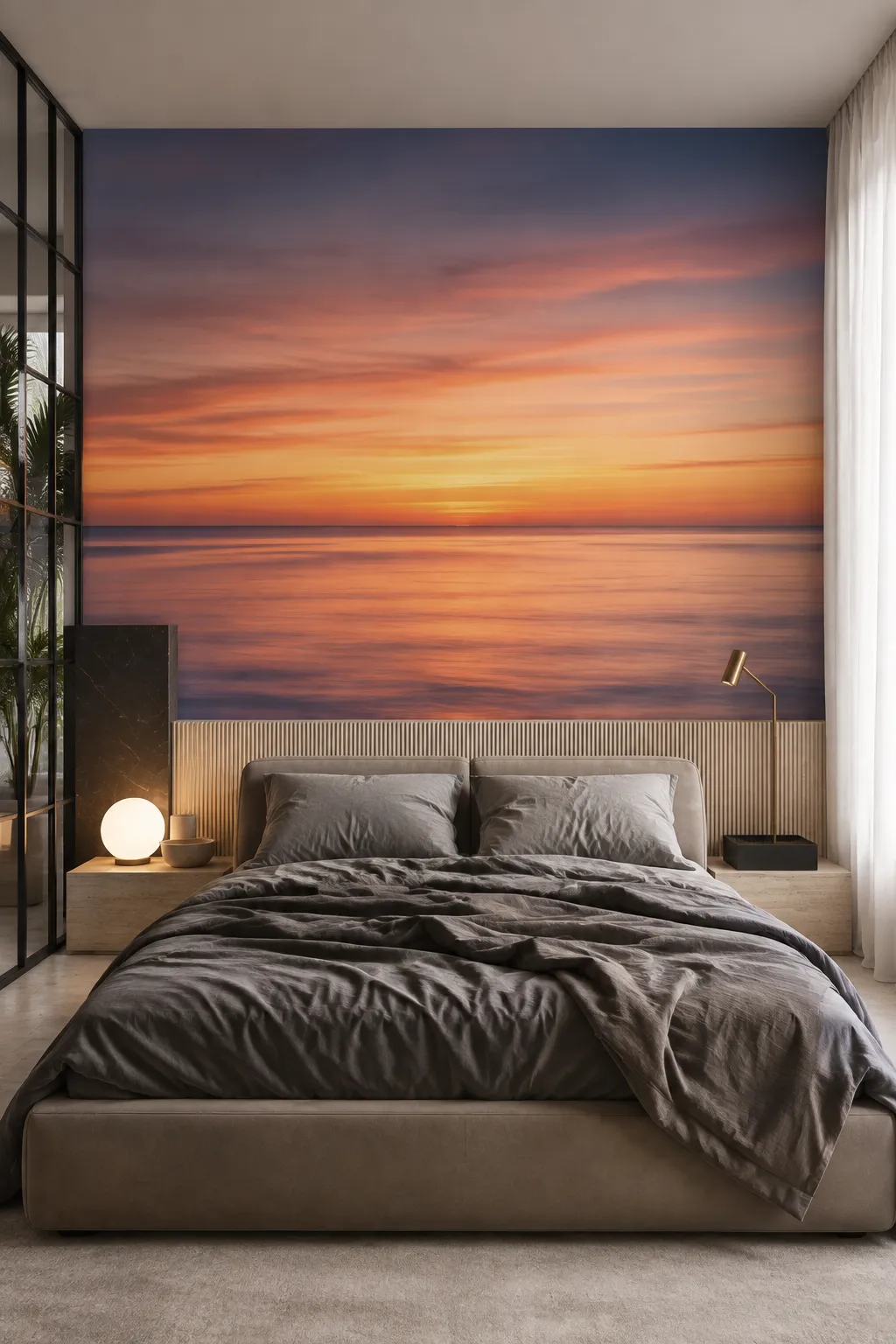 Modern gray bedroom accented with peach and pink ocean sunset colors