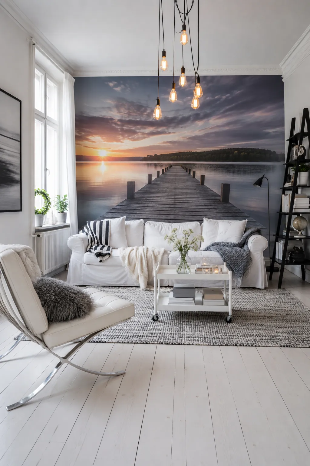 Sunset pier wall art complementing a Scandinavian-style living room.