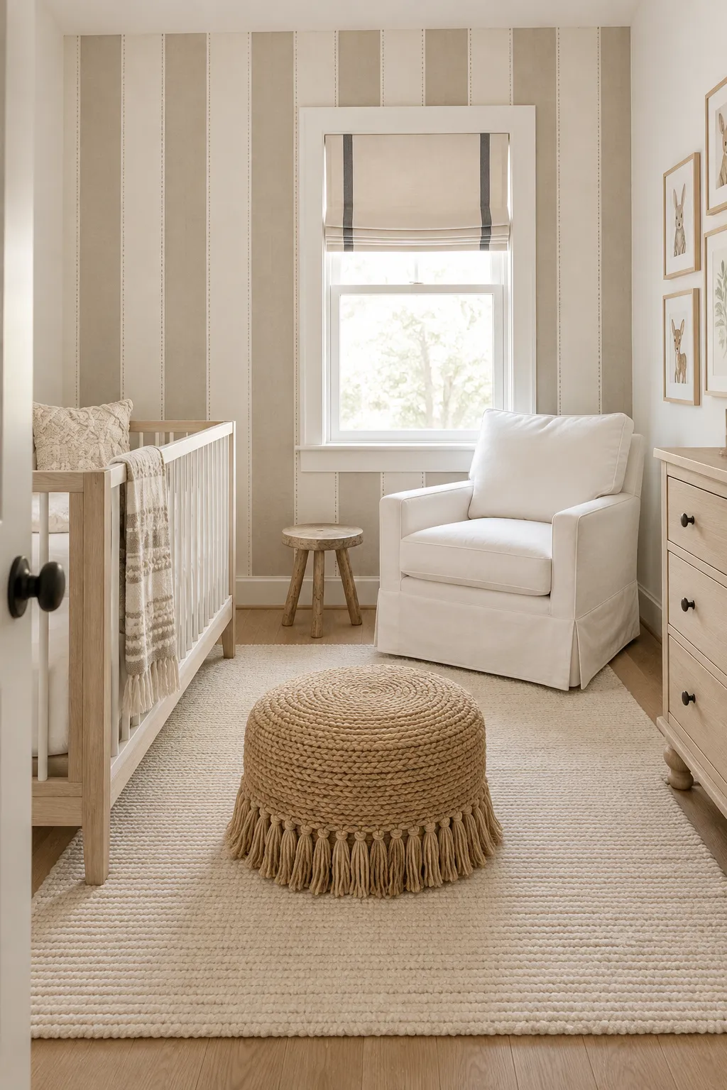 Neutral nursery combining taupe striped walls with a woven pouf.