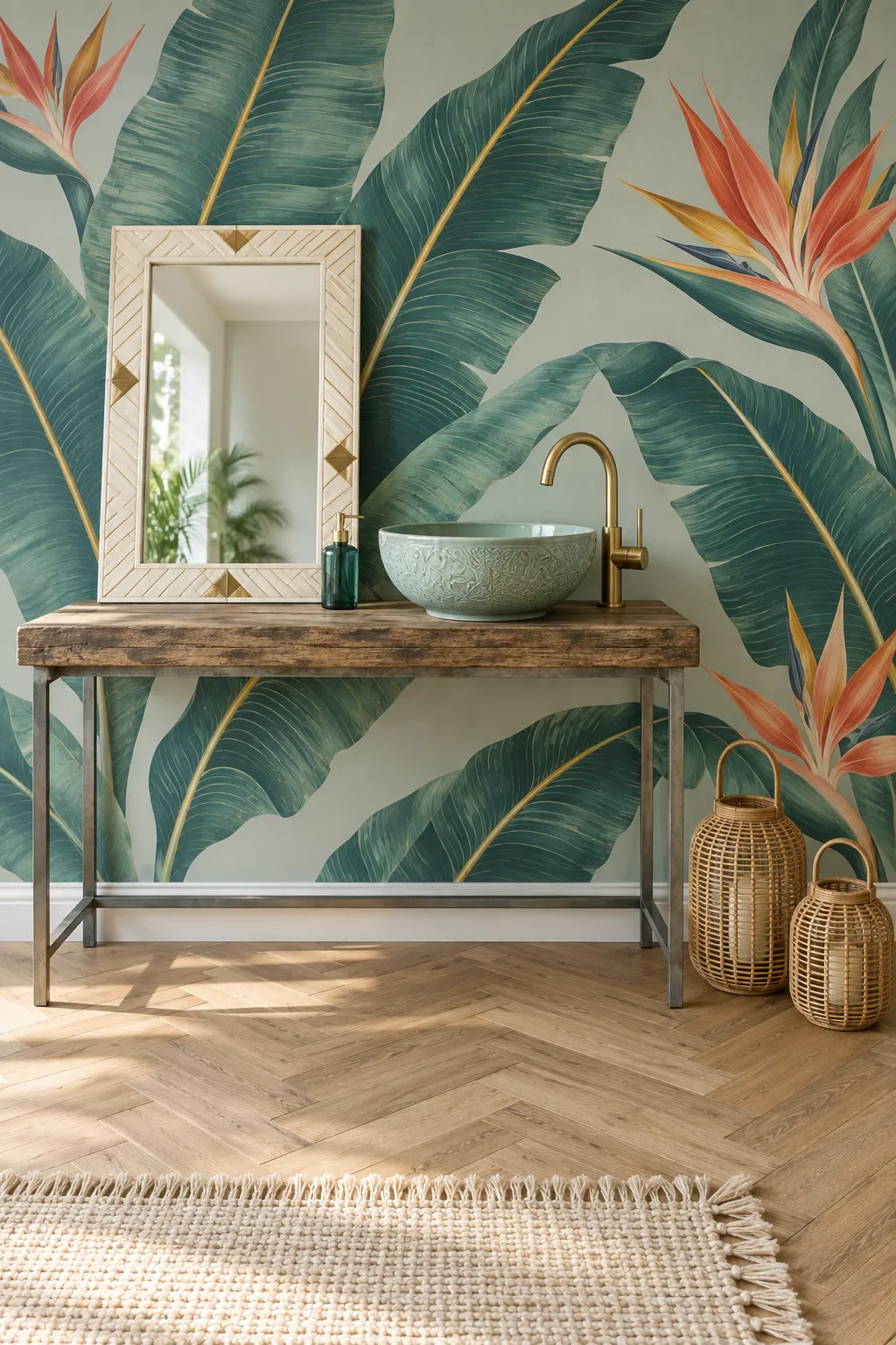 Bathroom concept with a vessel sink against teal tropical leaf wallpaper.