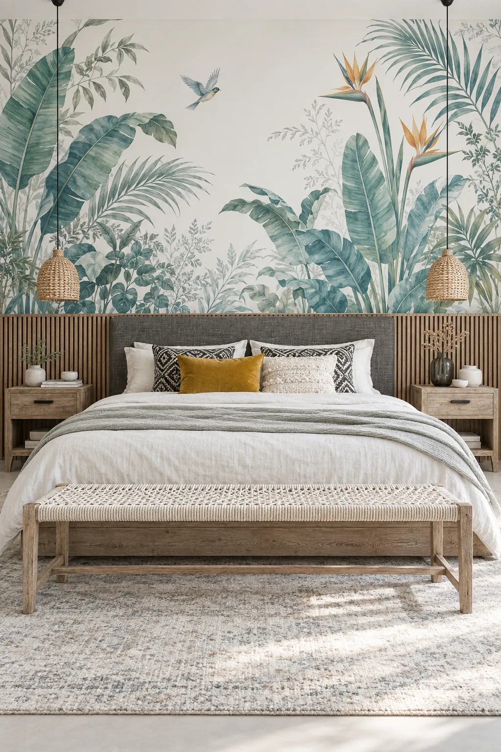 Boho bedroom concept with teal banana leaf wallpaper and natural textures.