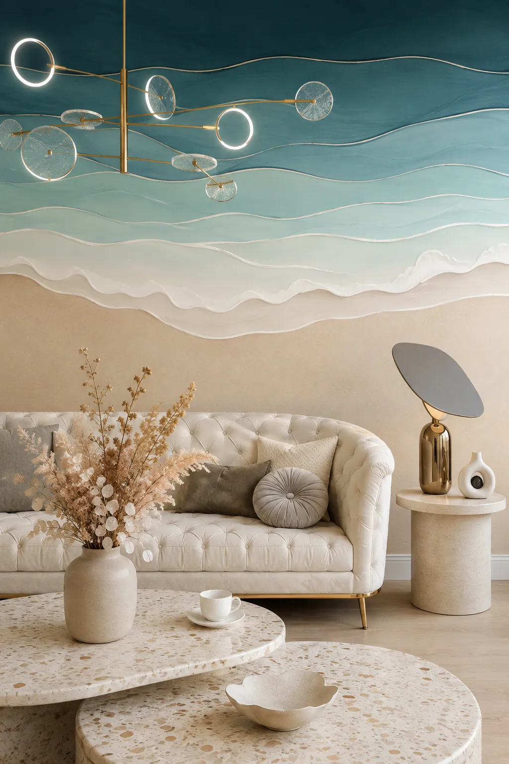 Layered teal wave mural concept for a coastal living room