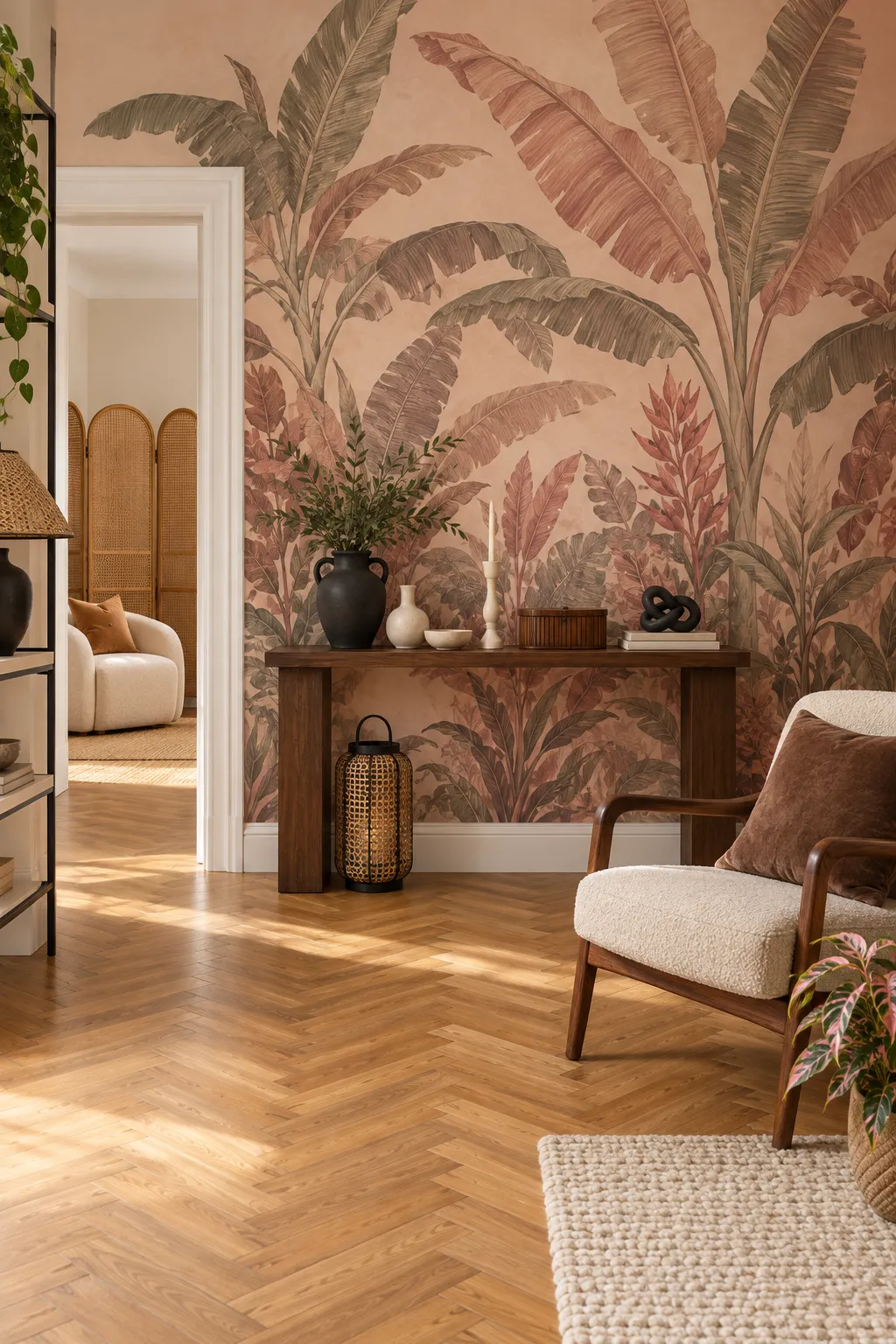 Entryway concept pairing terracotta leaf wallpaper with wood furniture.