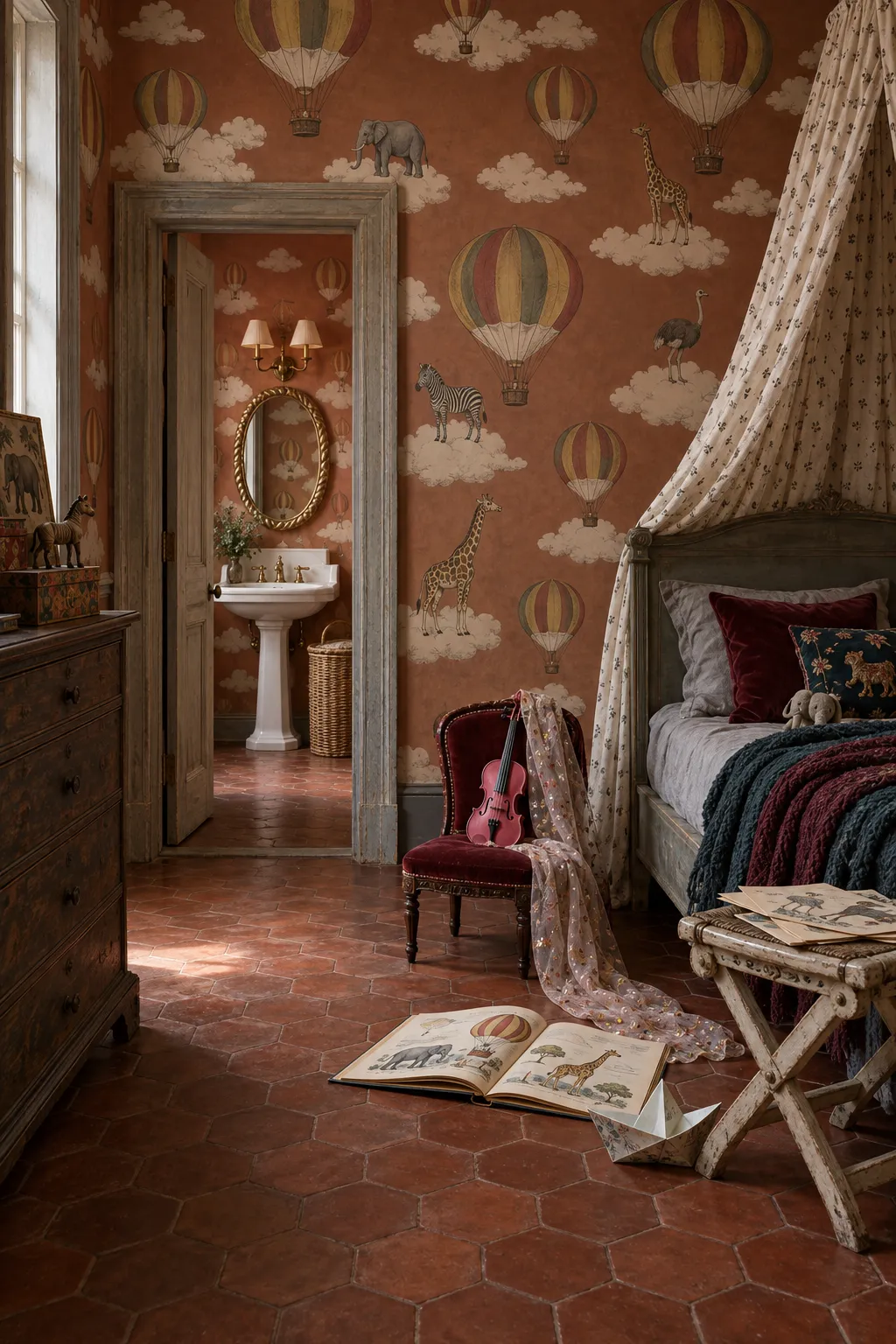 Terracotta hot air balloon theme for a warm vintage storybook bedroom