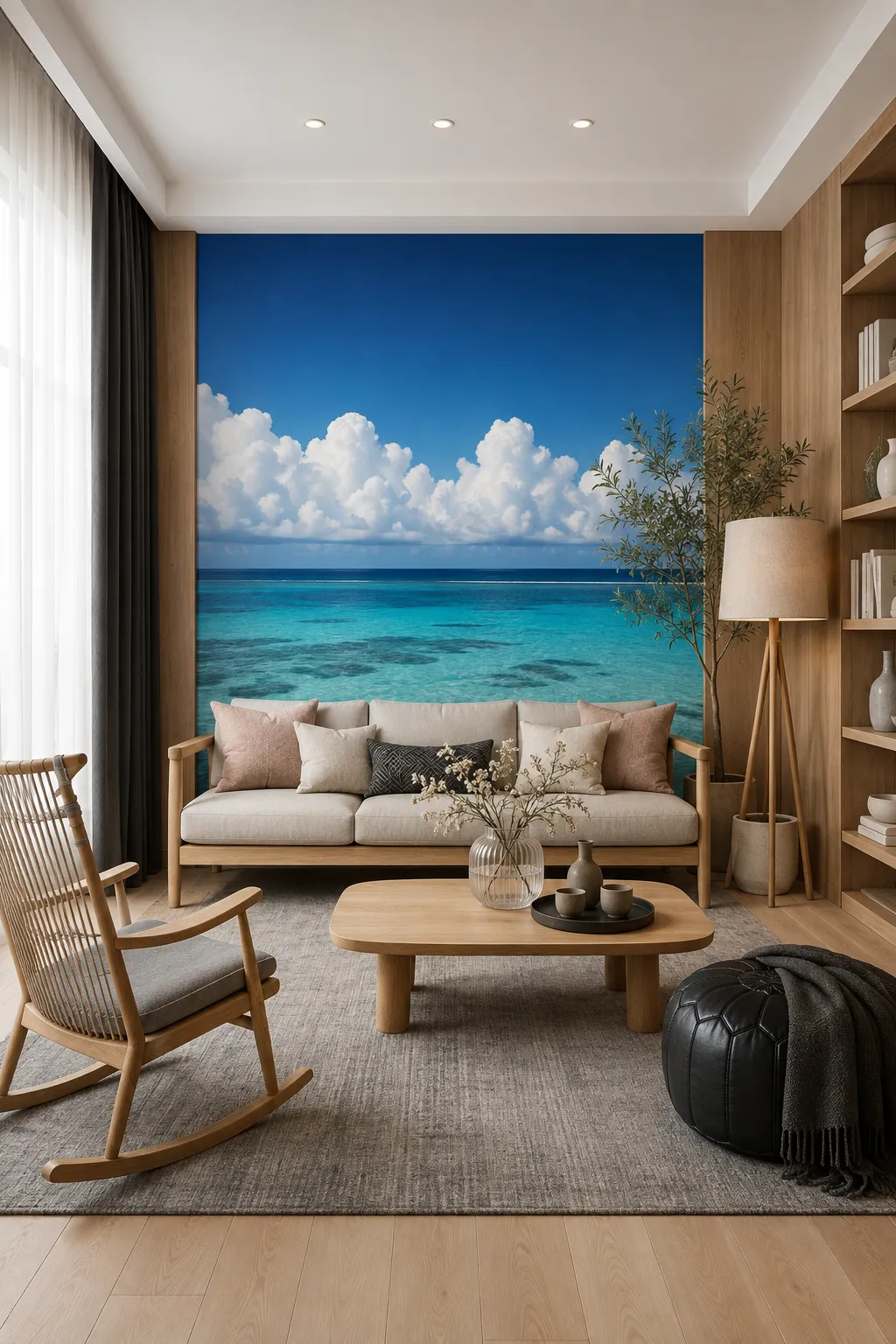 Tropical ocean scene paired with light wood furniture and natural textures