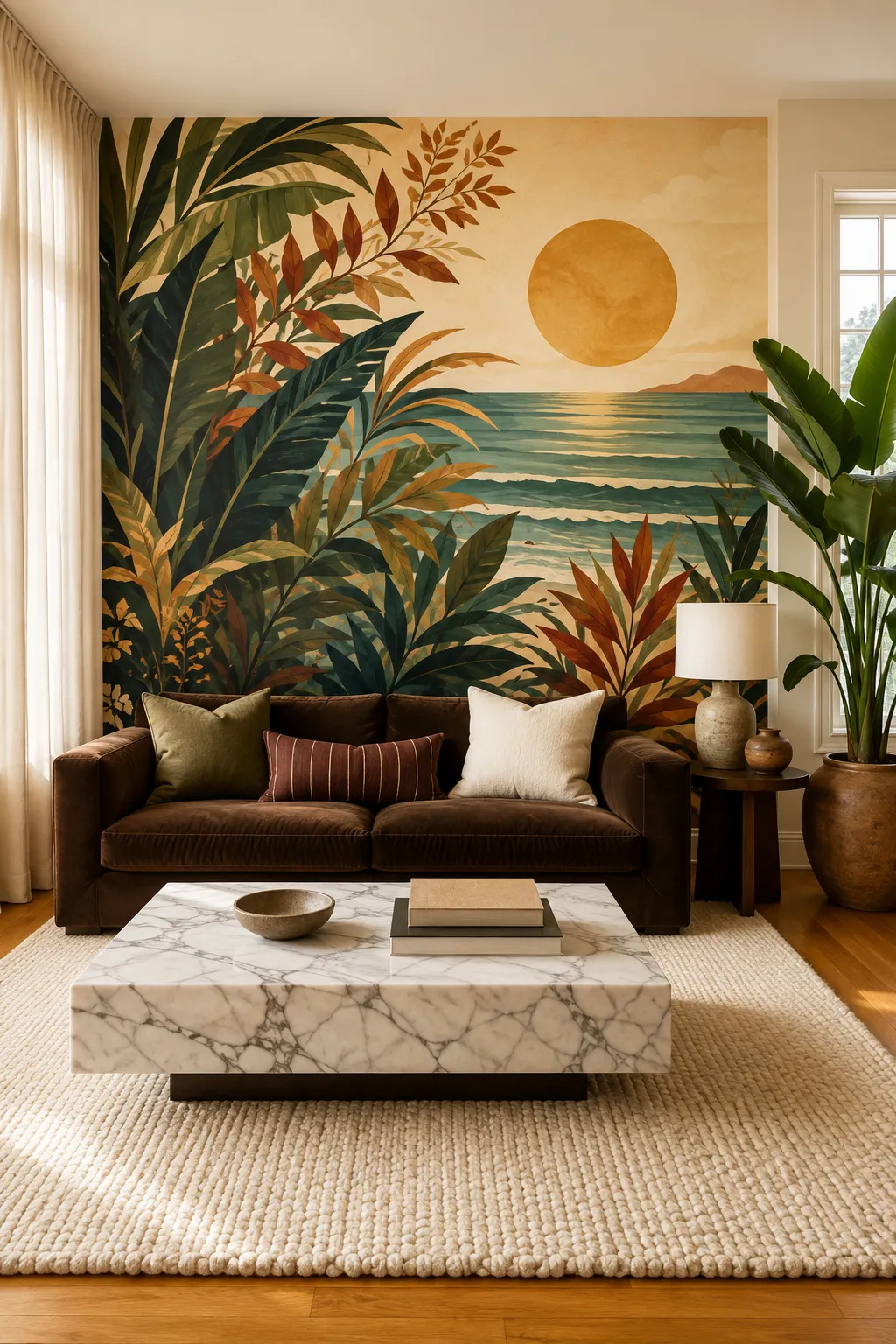 Brown sofa positioned against a tropical ocean sunset mural