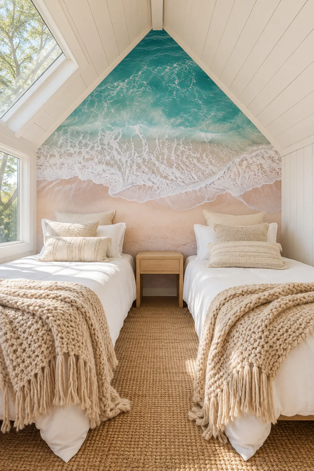 Twin attic bedroom with a turquoise ocean backdrop and light bedding