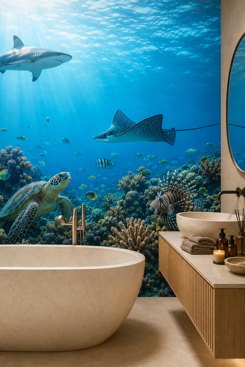 Immersive underwater feature wall concept for a modern bathroom