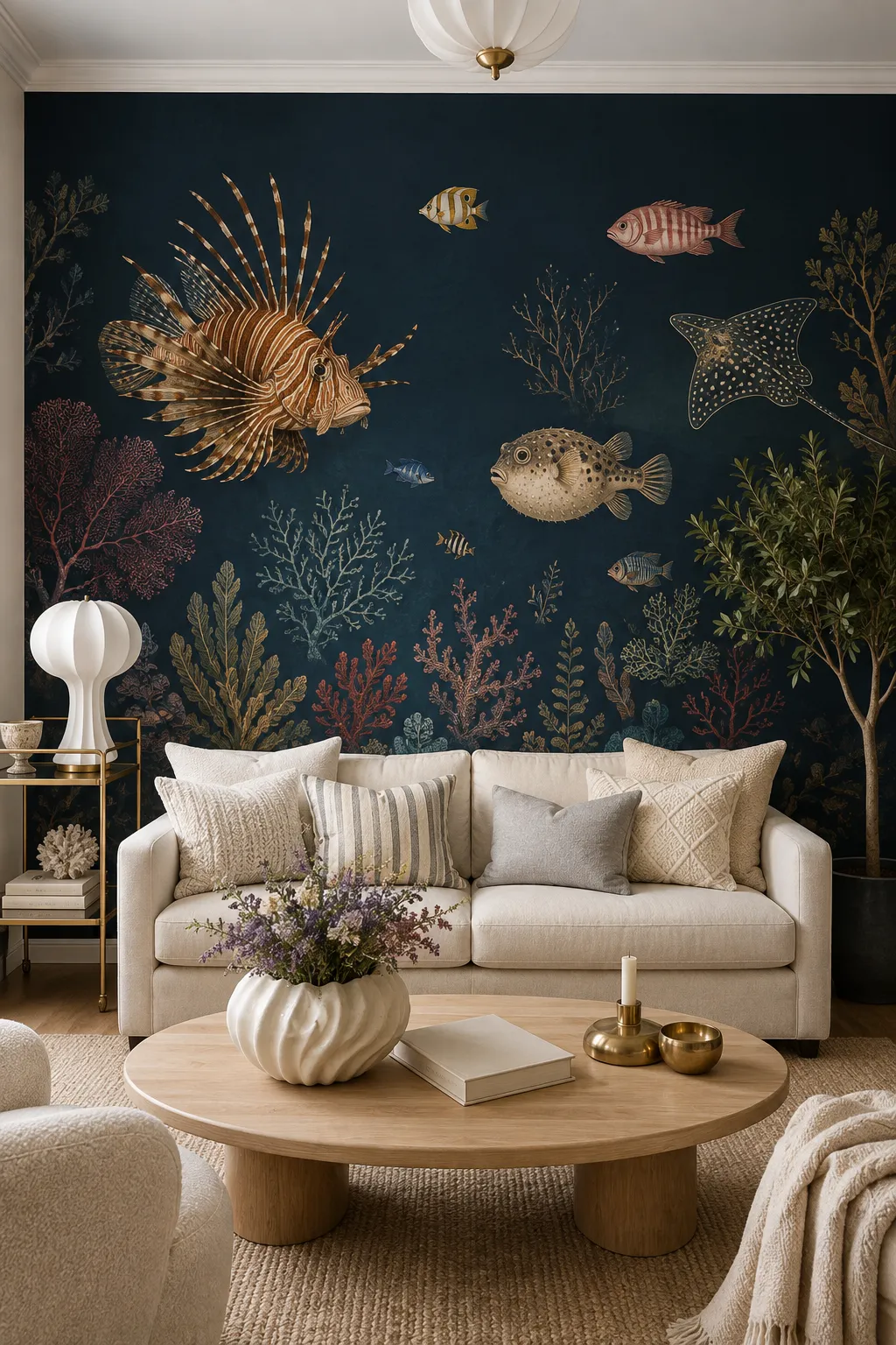 Neutral sofa set against colorful coral and tropical fish wall art