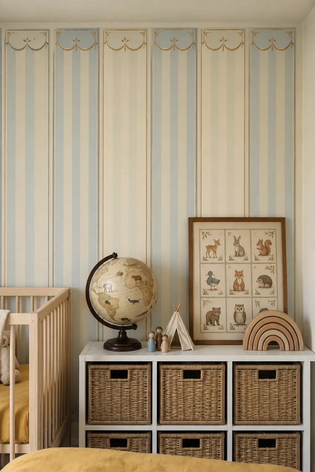 Vintage-inspired blue striped nursery decor with wicker storage baskets.
