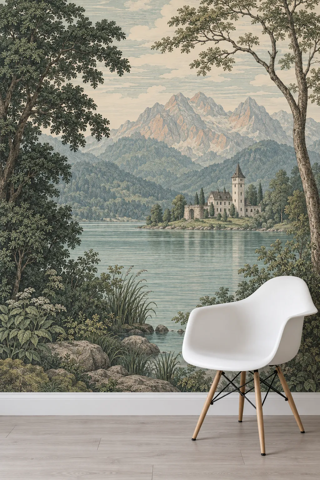 Vintage-inspired castle and lake landscape with woodland bedroom accents.