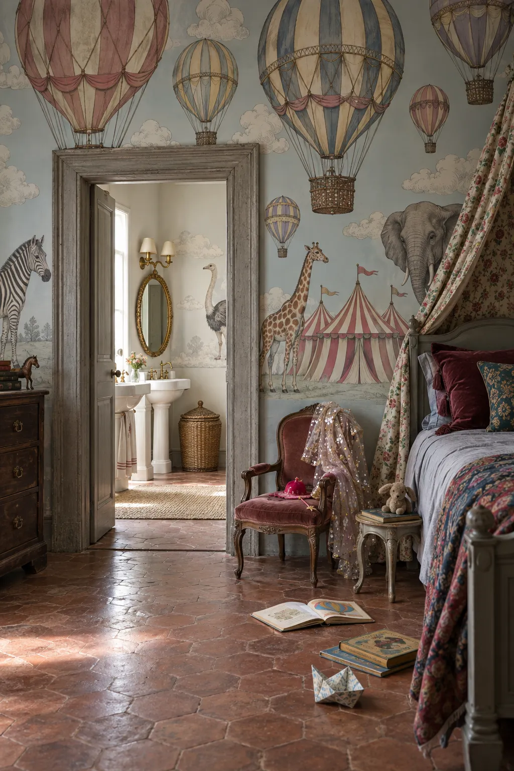 Carnival-inspired kids room concept with vintage circus balloon motifs.