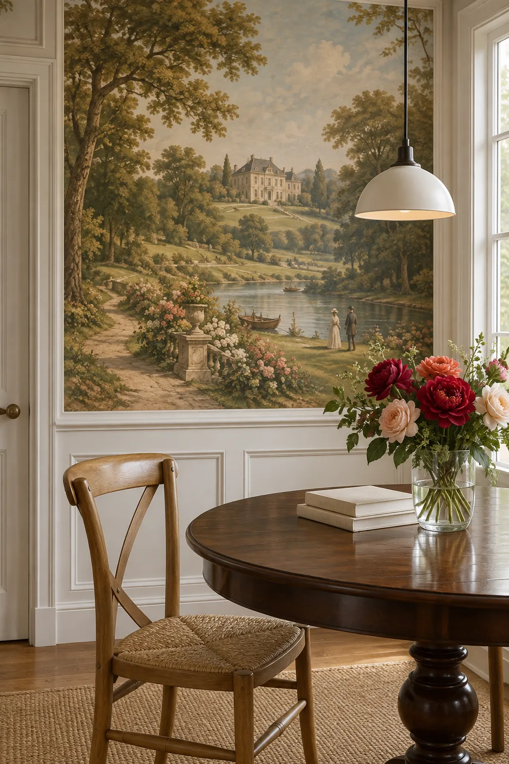 Dining nook concept with a vintage estate landscape backdrop.
