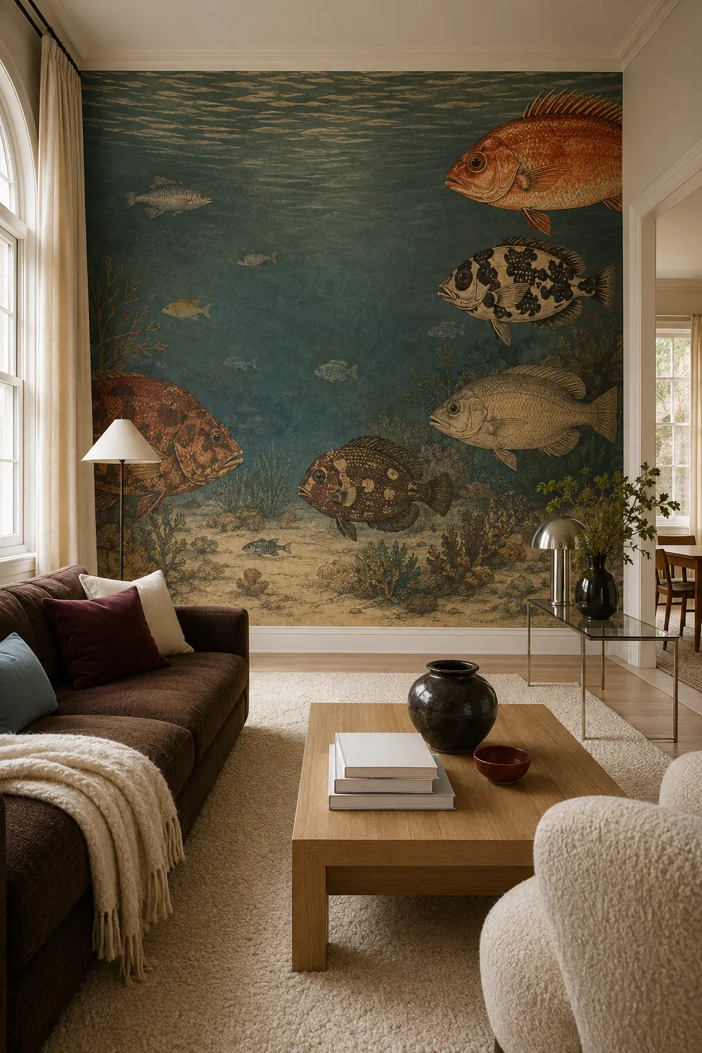 Vintage fish artwork paired with a cozy living room in neutral tones.