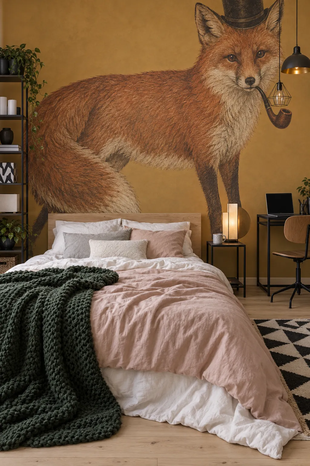 Vintage-style fox artwork in an industrial-inspired bedroom.