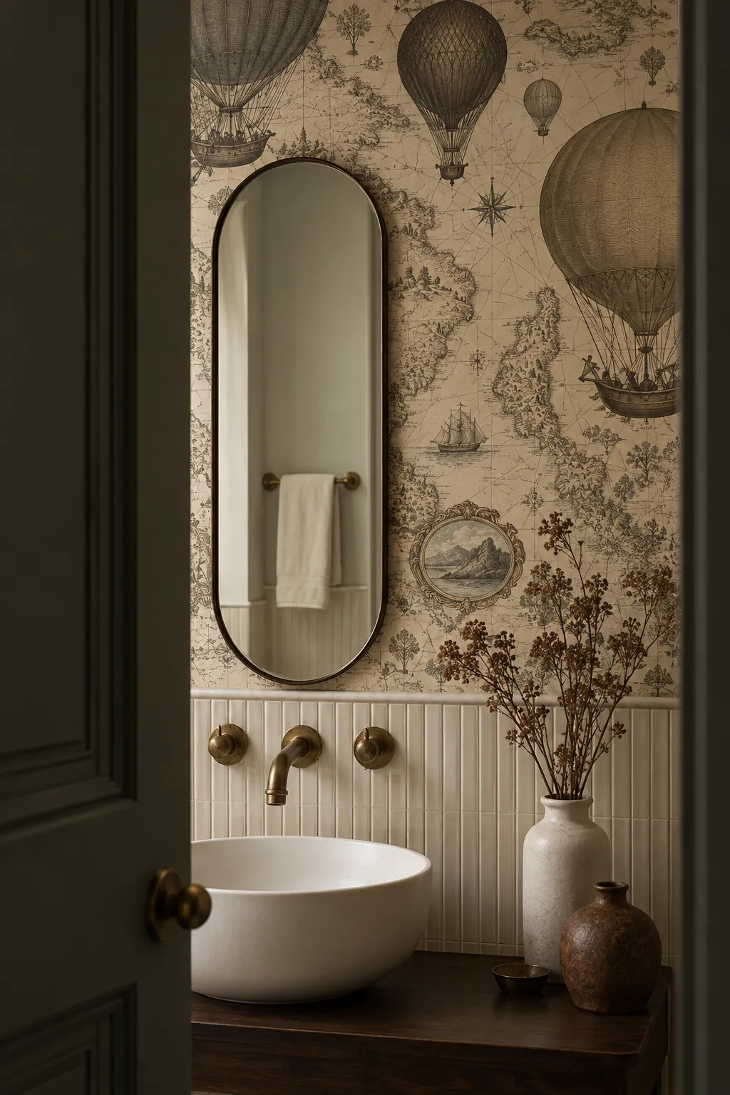 Vintage map and hot air balloon theme for a travel-inspired powder room