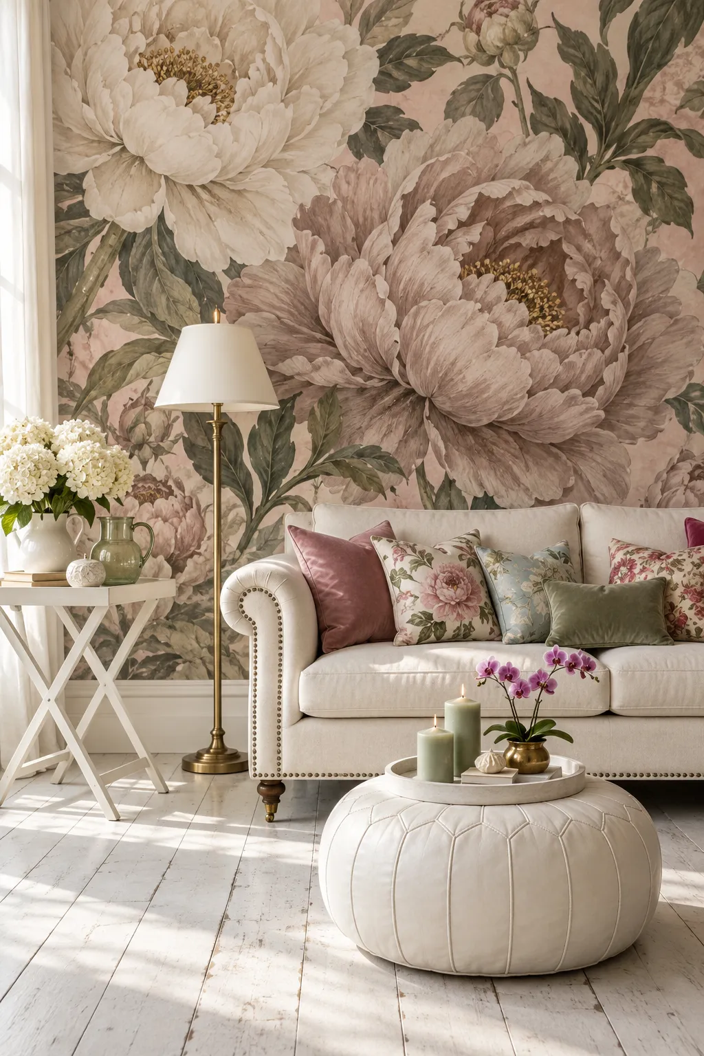 Romantic living room concept pairing vintage floral walls with a cream sofa.