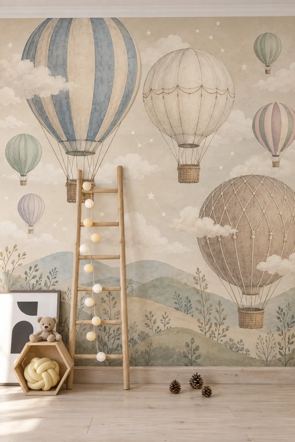 Vintage watercolor balloon wallpaper for a neutral nursery feature wall