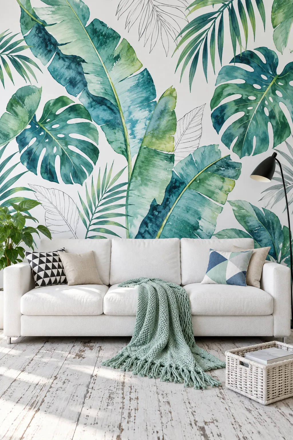 Watercolor teal leaf mural forming a backdrop for a white sofa.