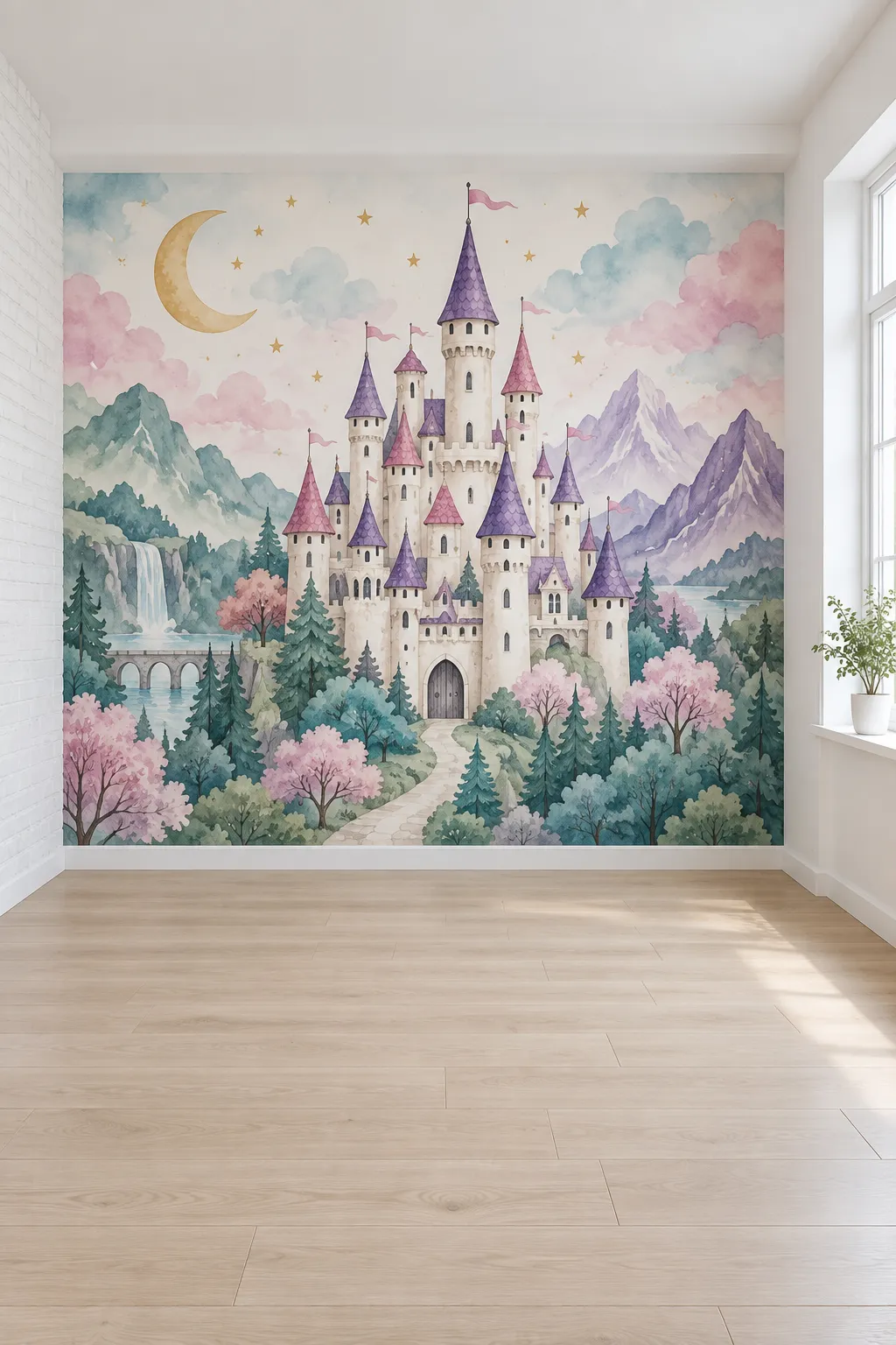 Whimsical playroom concept with pink and purple watercolor castles.