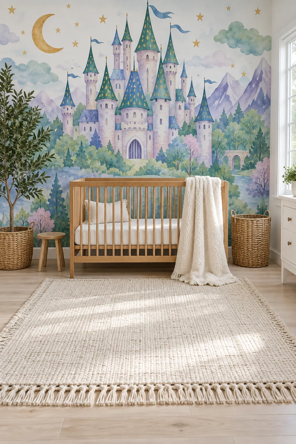 Nursery concept pairing a wooden crib with a colorful watercolor castle backdrop.