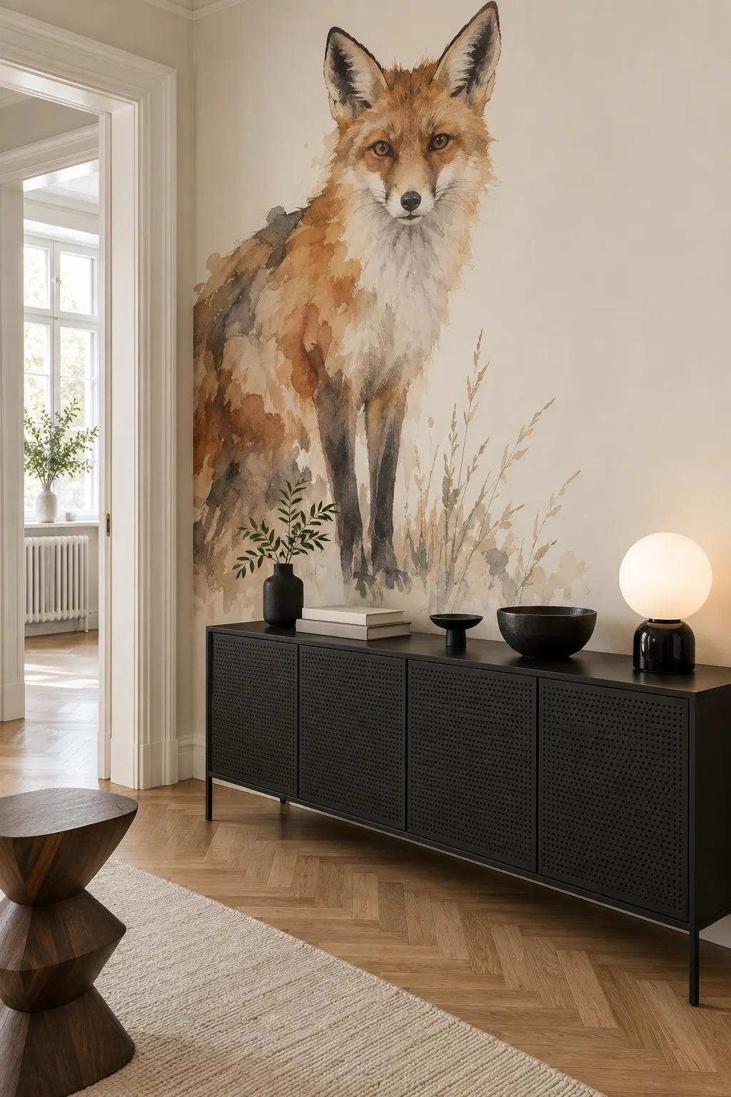 Watercolor fox mural bringing woodland color to an entryway.