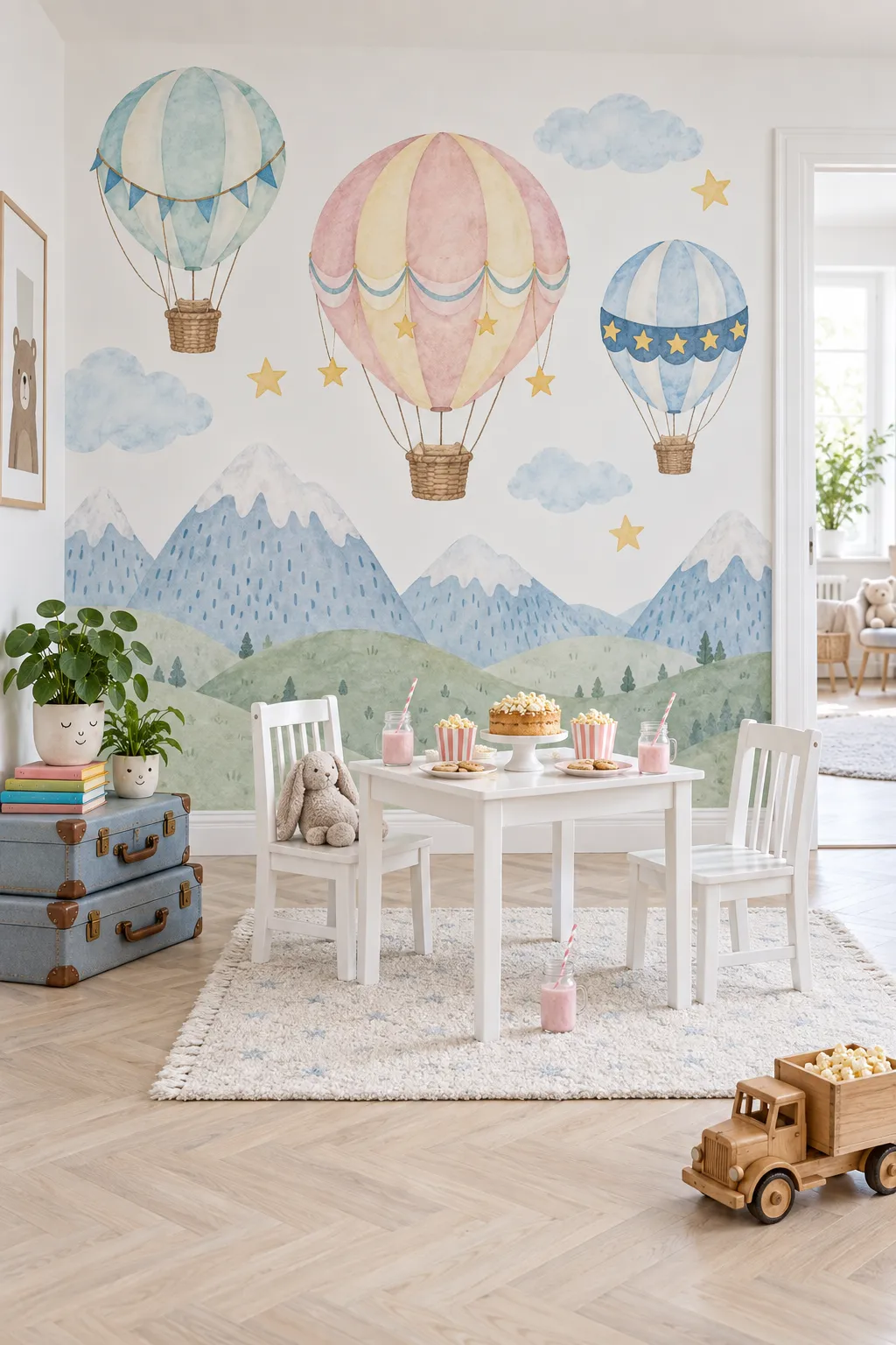 Watercolor hot air balloons floating above blue mountains in a playroom theme