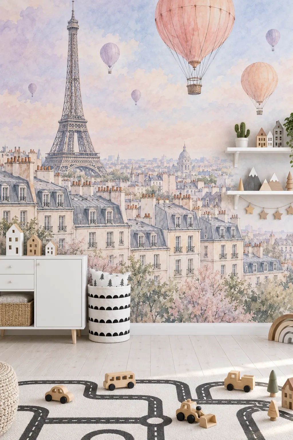 Storybook playroom concept with watercolor Paris scenery and floating balloons.