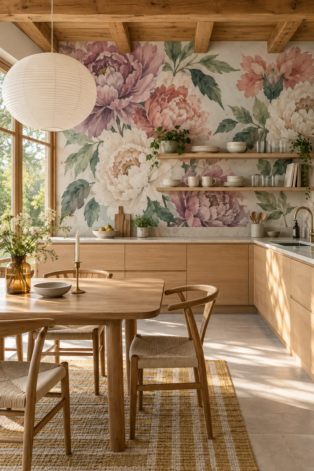 Oak kitchen and adjoining dining area coordinated with watercolor peony walls.