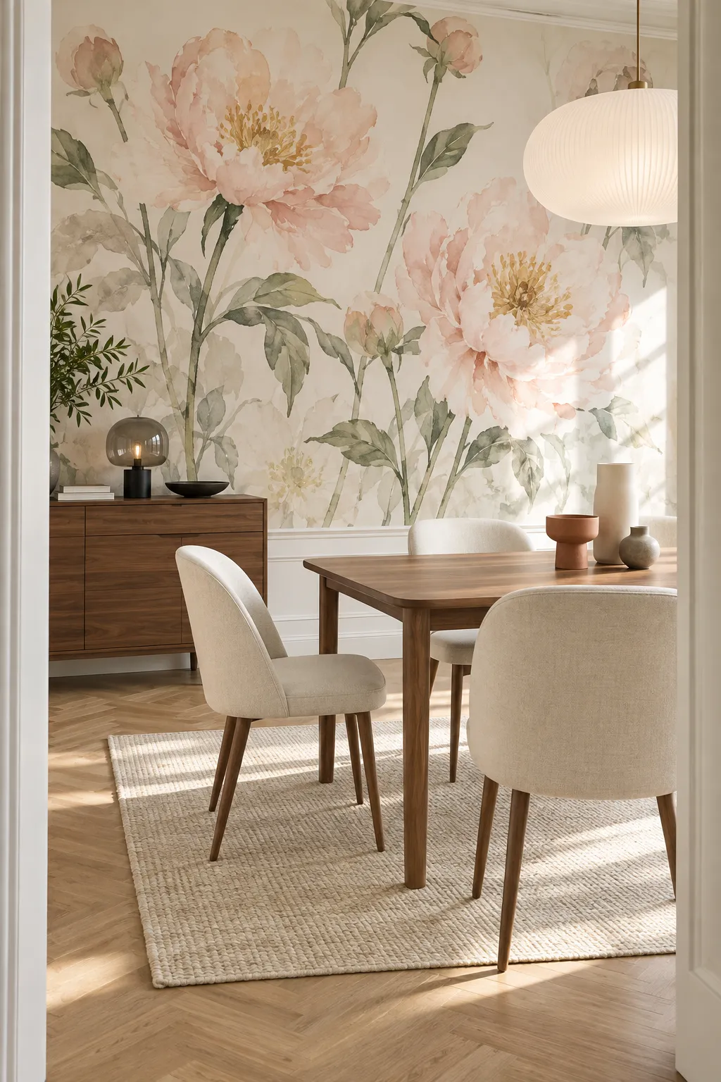 Light watercolor peony wall design in a Scandinavian dining room