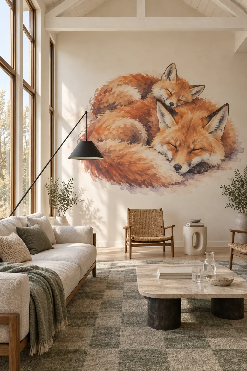 Sleeping fox in watercolor style complementing a neutral living room