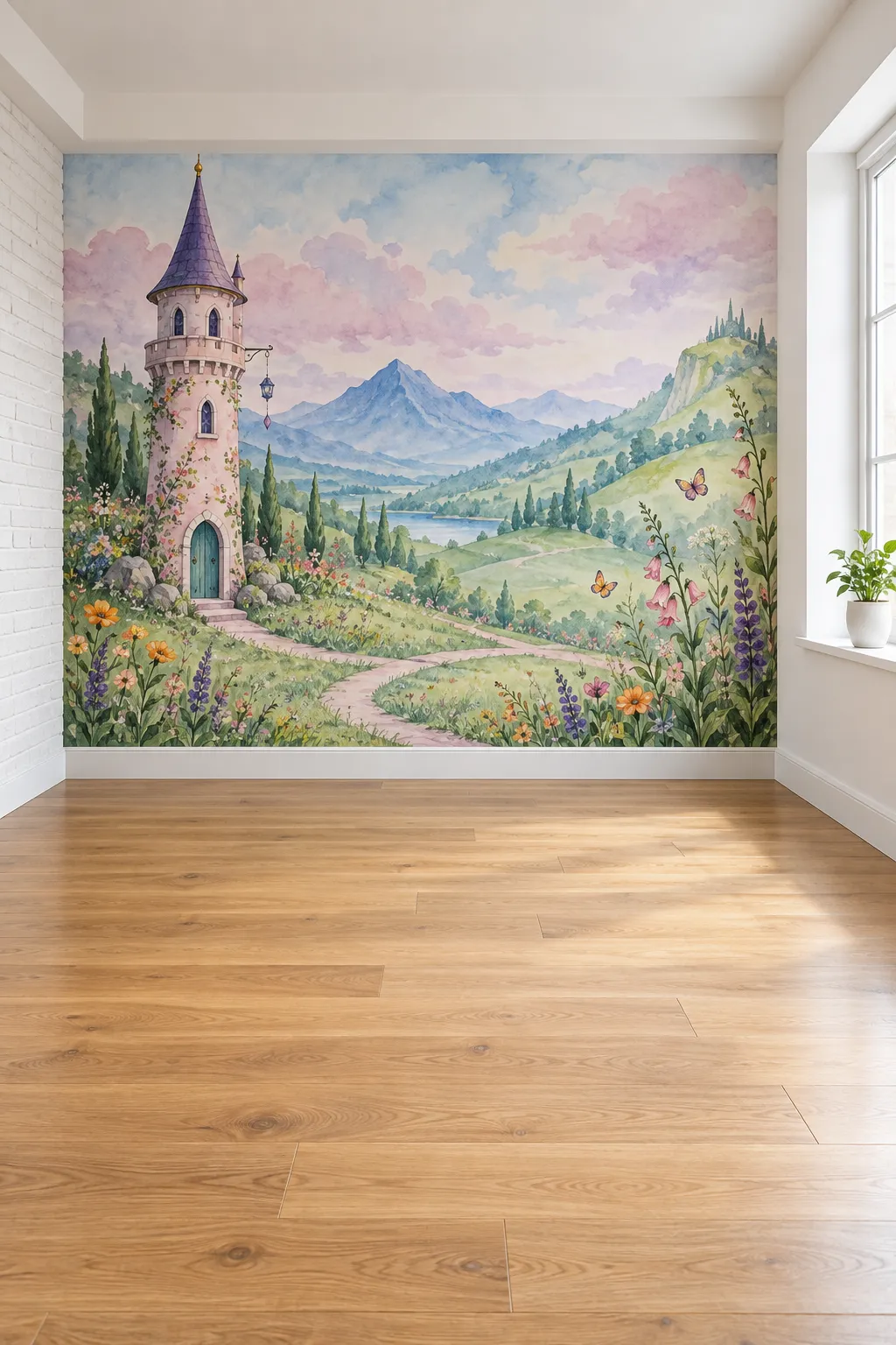 Fairytale wall concept showing castle towers rising above a flower meadow.