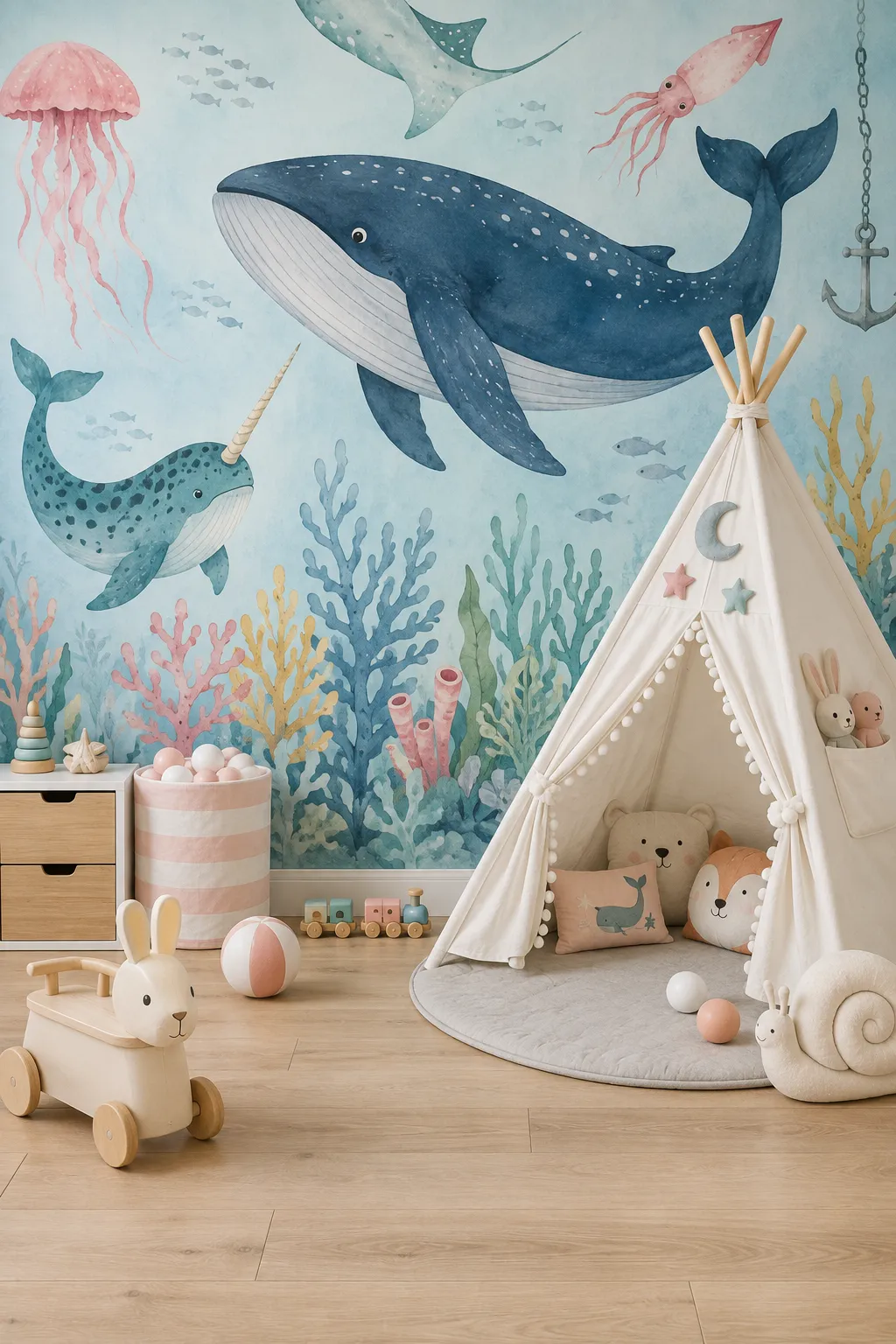 Pastel whales and narwhals mural concept for a playful ocean-themed playroom